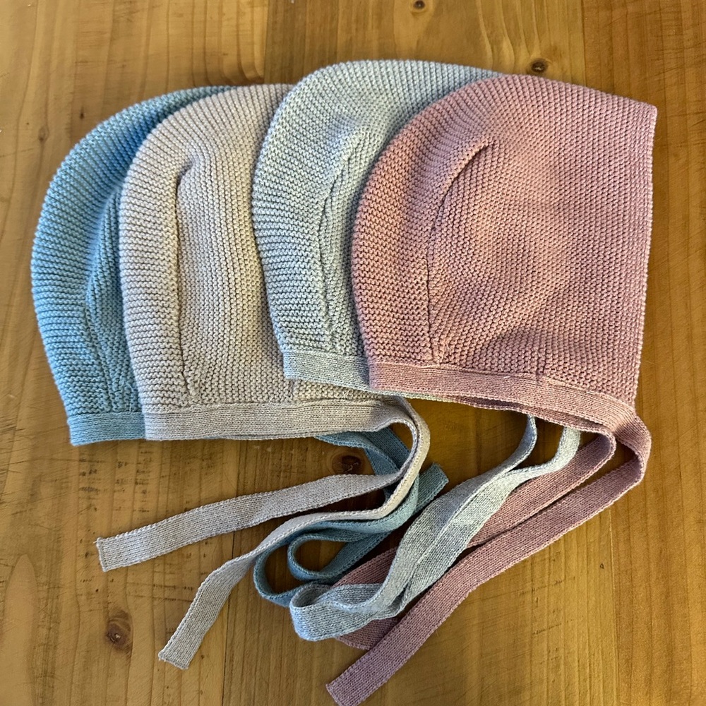 Zara Knit Baby Bonnets in Blue, Grey, Beige, and Pink